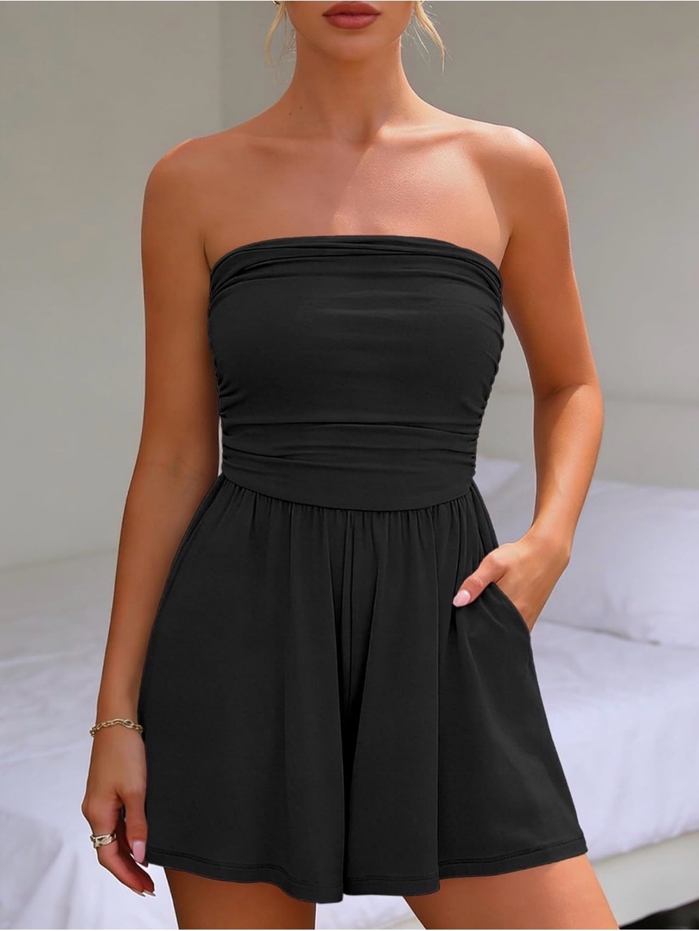 Black strapless romper with pockets